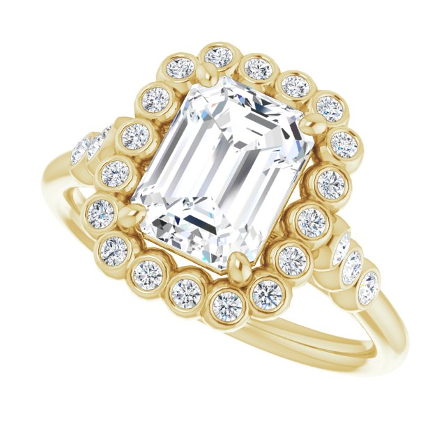 Cubic Zirconia Engagement Ring- The Chandni (Customizable Radiant Cut Cathedral-Style Clustered Halo Design with Round Bezel Accents)