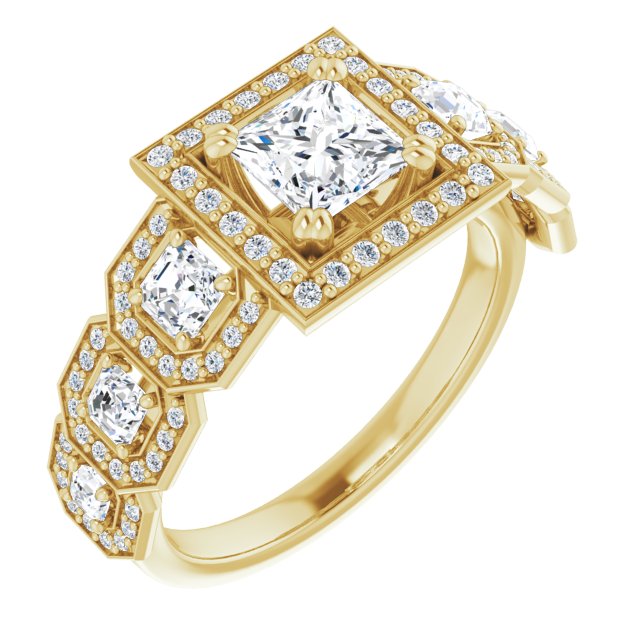 10K Yellow Gold Customizable Cathedral-Halo Princess/Square Cut Design with Six Halo-surrounded Asscher Cut Accents and Ultra-wide Band