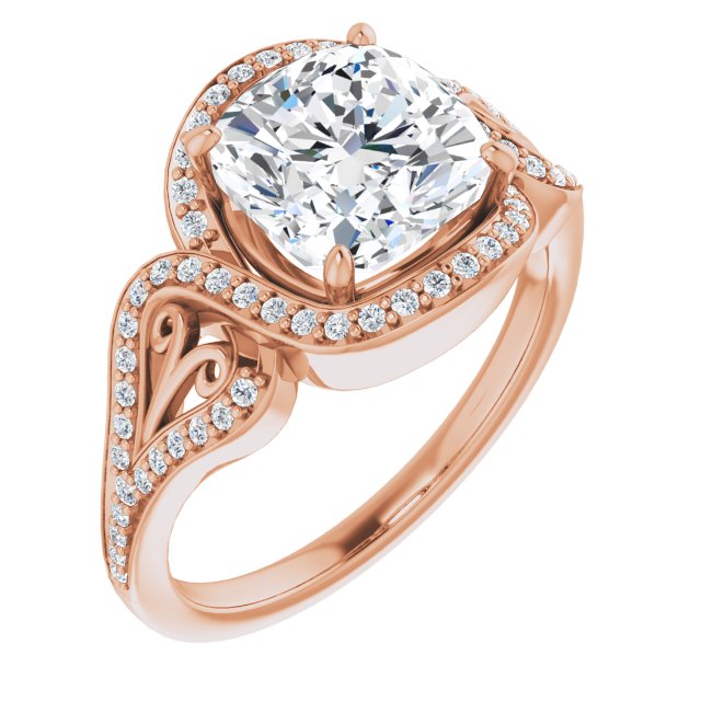10K Rose Gold Customizable Cushion Cut Design with Bypass Halo and Split-Shared Prong Band