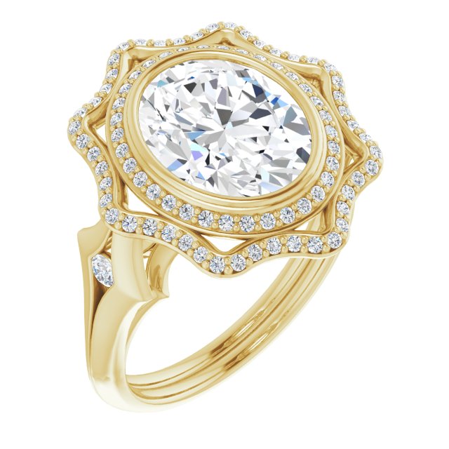 10K Yellow Gold Customizable Cathedral-bezel Oval Cut Design with Floral Double Halo and Channel-Accented Split Band