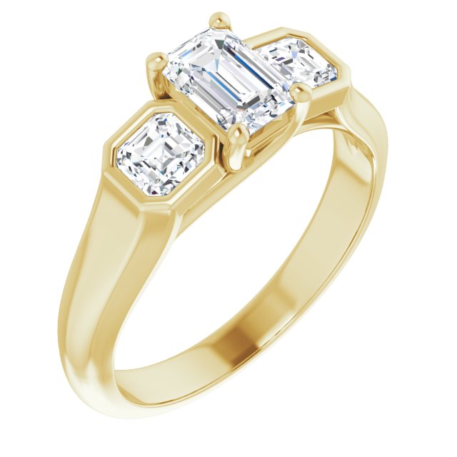 10K Yellow Gold Customizable 3-stone Cathedral Emerald/Radiant Cut Design with Twin Asscher Cut Side Stones