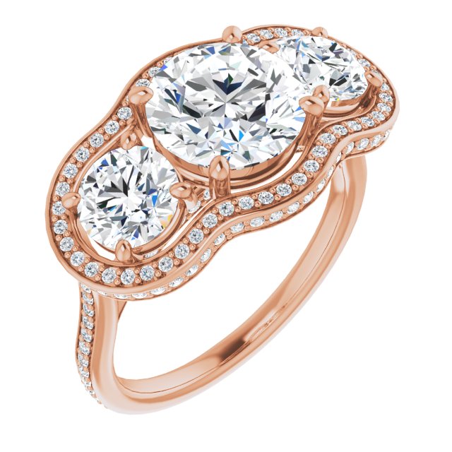 14K Rose Gold Customizable 3-stone Round Cut Design with Multi-Halo Enhancement and 150+-stone Pavé Band