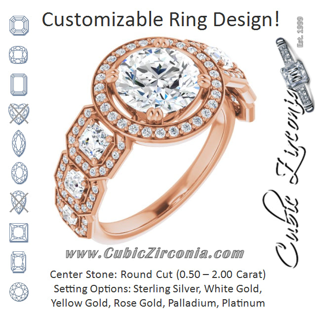 Cubic Zirconia Engagement Ring- The Carmela (Customizable Cathedral-Halo Round Cut Design with Six Halo-surrounded Asscher Cut Accents and Ultra-wide Band)