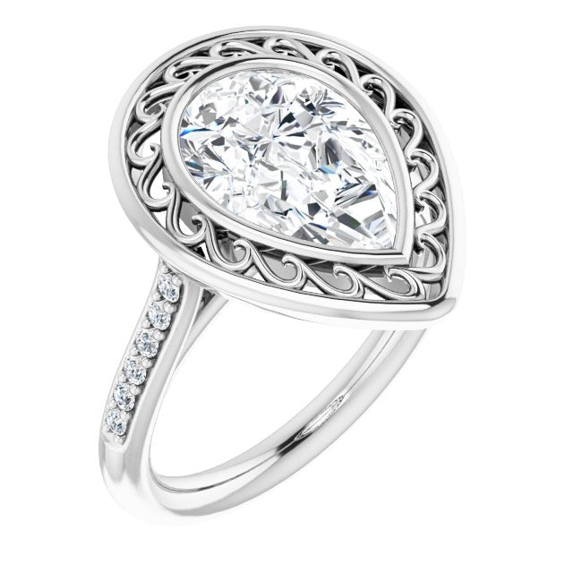 10K White Gold Customizable Cathedral-Bezel Pear Cut Design with Floral Filigree and Thin Shared Prong Band