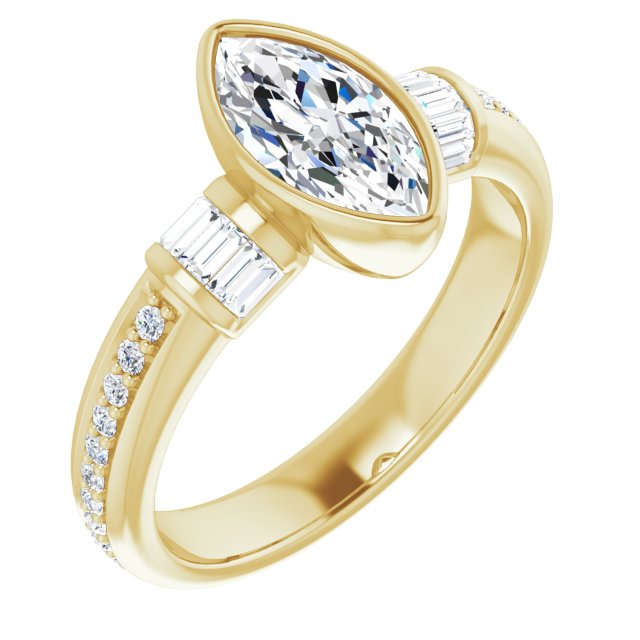 10K Yellow Gold Customizable Cathedral-Bezel Marquise Cut Style with Horizontal Baguettes & Shared Prong Band