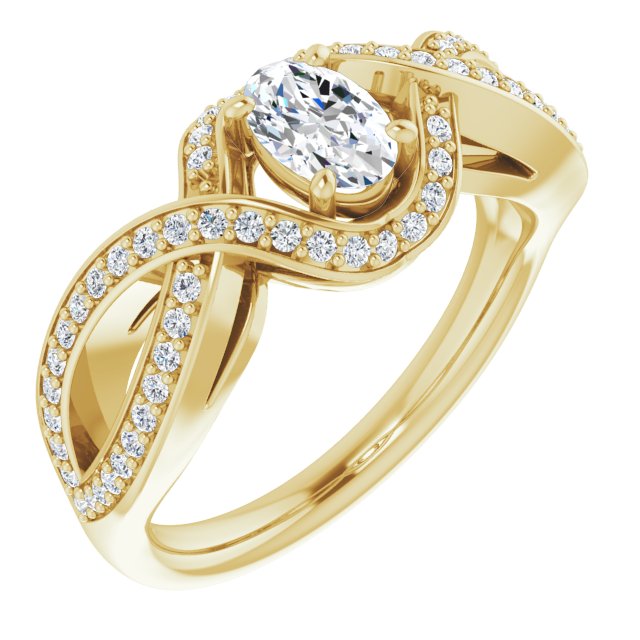 10K Yellow Gold Customizable Oval Cut Design with Twisting, Infinity-Shared Prong Split Band and Bypass Semi-Halo