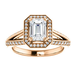 Cubic Zirconia Engagement Ring- The Loren (Customizable Emerald Cut Halo Design featuring Three-sided Twisting Pavé Split Band)