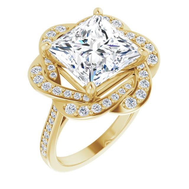 10K Yellow Gold Customizable Cathedral-raised Princess/Square Cut Design with Floral/Knot Halo and Thin Accented Band