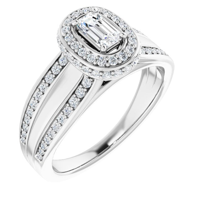 10K White Gold Customizable Halo-style Emerald/Radiant Cut with Under-halo & Ultra-wide Band