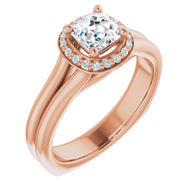 10K Rose Gold Customizable Asscher Cut Style with Halo, Wide Split Band and Euro Shank
