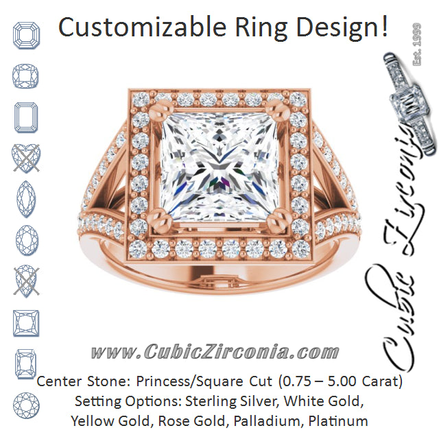 Cubic Zirconia Engagement Ring- The Aryanna (Customizable Cathedral-set Princess/Square Cut Style with Accented Split Band and Halo)