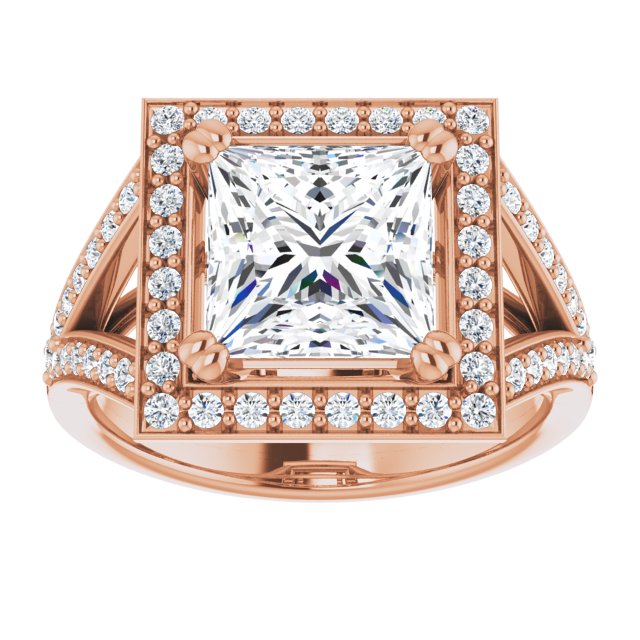 Cubic Zirconia Engagement Ring- The Aryanna (Customizable Cathedral-set Princess/Square Cut Style with Accented Split Band and Halo)