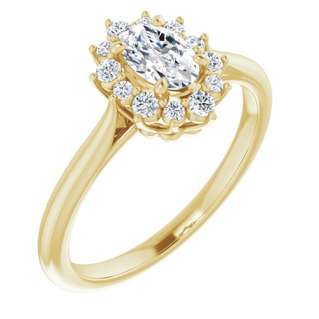 10K Yellow Gold Customizable Crown-Cathedral Oval Cut Design with Clustered Large-Accent Halo & Ultra-thin Band