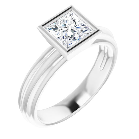 10K White Gold Customizable Bezel-set Princess/Square Cut Solitaire with Grooved Band