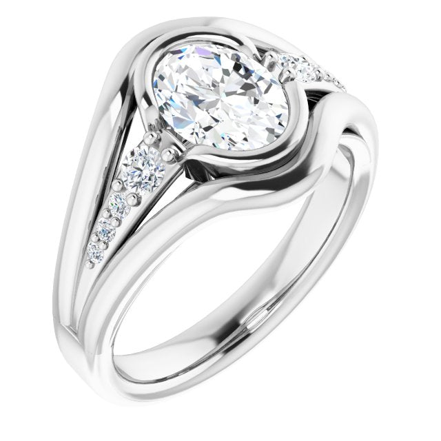 Cubic Zirconia Engagement Ring- The Naira (Customizable 9-stone Oval Cut Design with Bezel Center, Wide Band and Round Prong Side Stones)
