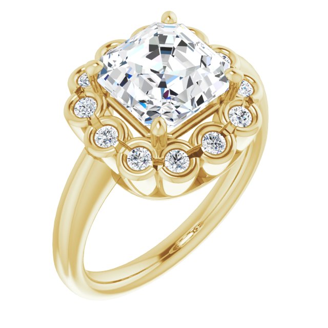 10K Yellow Gold Customizable 13-stone Asscher Cut Design with Floral-Halo Round Bezel Accents