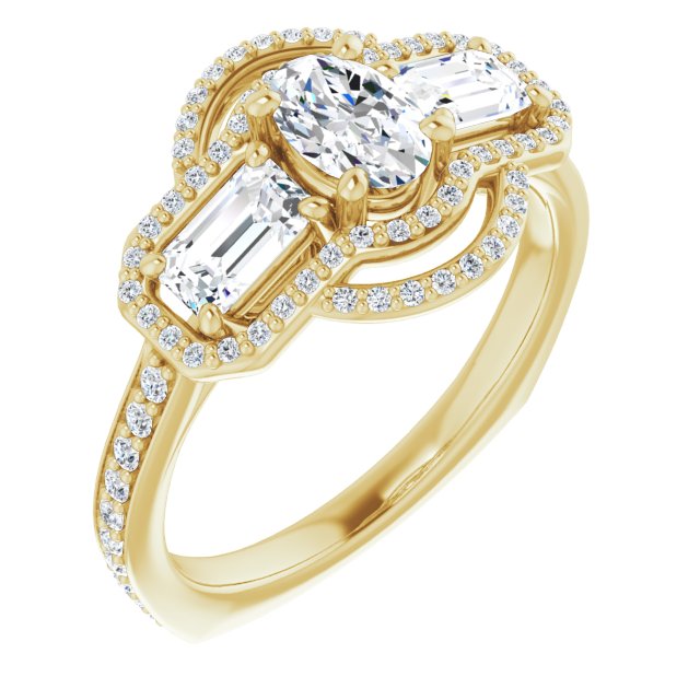10K Yellow Gold Customizable Enhanced 3-stone Style with Oval Cut Center, Emerald Cut Accents, Double Halo and Thin Shared Prong Band