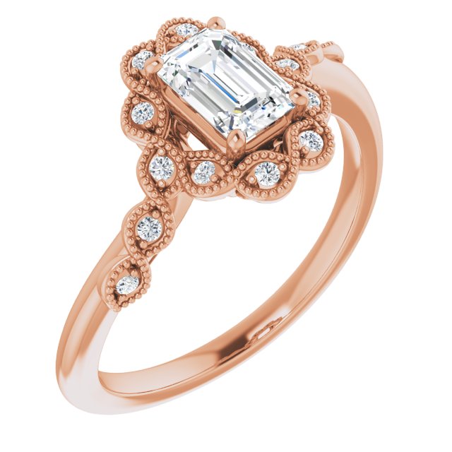 10K Rose Gold Customizable 3-stone Design with Emerald/Radiant Cut Center and Halo Enhancement