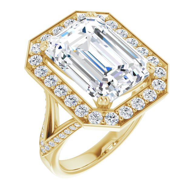 10K Yellow Gold Customizable Emerald/Radiant Cut Center with Large-Accented Halo and Split Shared Prong Band