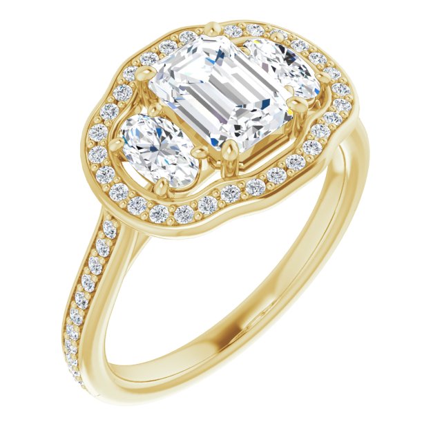 10K Yellow Gold Customizable Emerald/Radiant Cut Style with Oval Cut Accents, 3-stone Halo & Thin Shared Prong Band