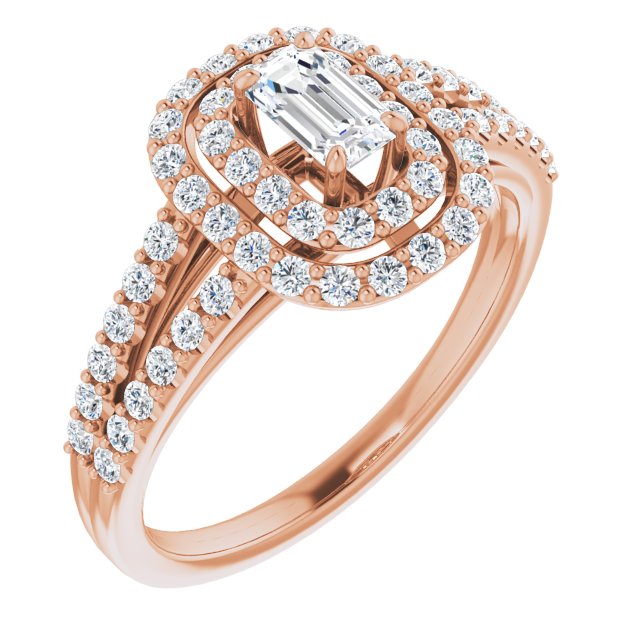 14K Rose Gold Customizable Emerald/Radiant Cut Design with Double Halo and Wide Split-Pavé Band