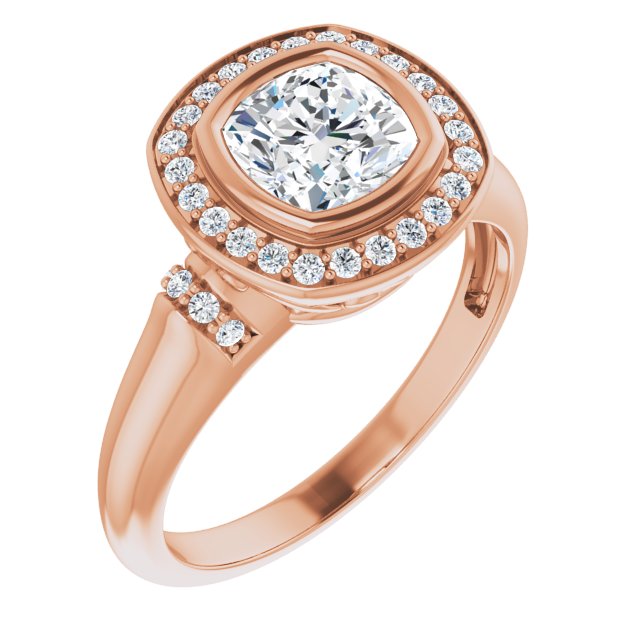 10K Rose Gold Customizable Bezel-set Cushion Cut Design with Halo and Vertical Round Channel Accents