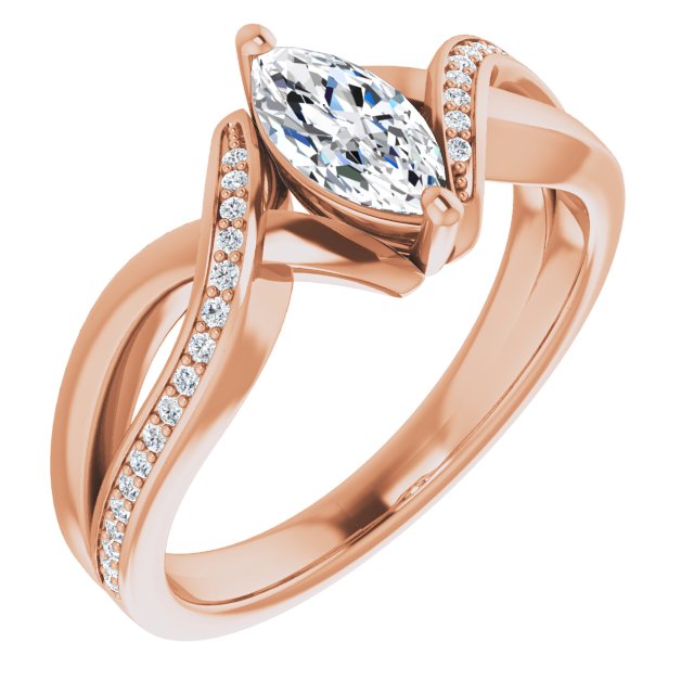 10K Rose Gold Customizable Marquise Cut Center with Curving Split-Band featuring One Shared Prong Leg