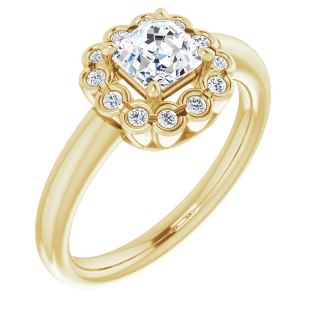 10K Yellow Gold Customizable 13-stone Asscher Cut Design with Floral-Halo Round Bezel Accents