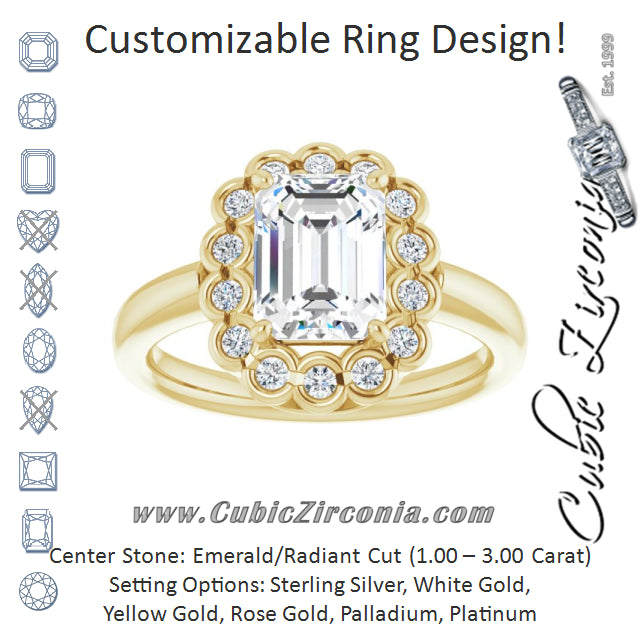 Cubic Zirconia Engagement Ring- The Aabha (Customizable 13-stone Radiant Cut Design with Floral-Halo Round Bezel Accents)