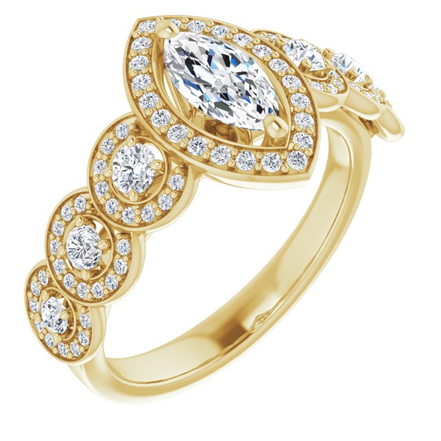 10K Yellow Gold Customizable Cathedral-set Marquise Cut 7-stone style Enhanced with 7 Halos