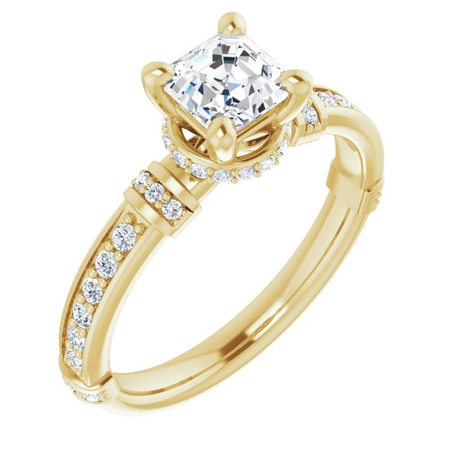 10K Yellow Gold Customizable Asscher Cut Style featuring Under-Halo, Shared Prong and Quad Horizontal Band Accents