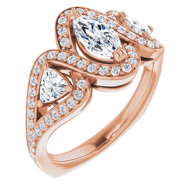 10K Rose Gold Customizable Marquise Cut Center with Twin Trillion Accents, Twisting Shared Prong Split Band, and Halo