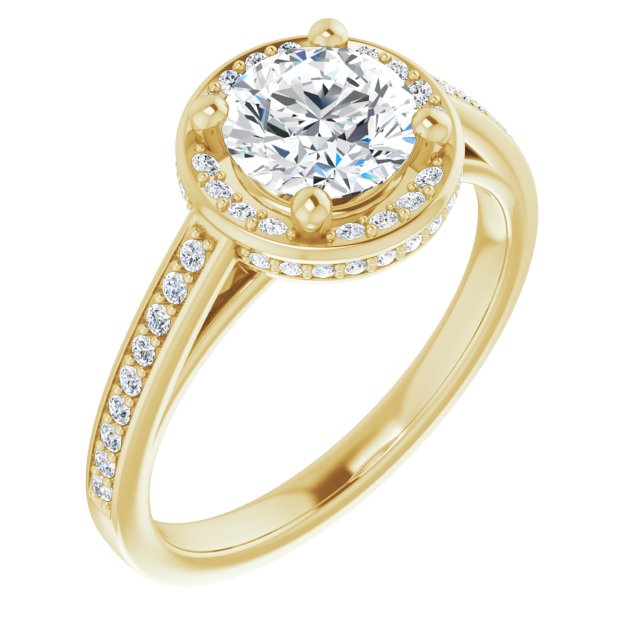 10K Yellow Gold Customizable Cathedral-Halo Round Cut Design with Under-halo & Shared Prong Band