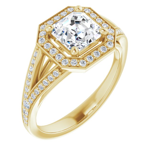 10K Yellow Gold Customizable Cathedral-Halo Asscher Cut Style featuring Split-Shared Prong Band