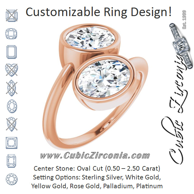 Cubic Zirconia Engagement Ring- The Mirella (Customizable 2-stone Double Bezel Oval Cut Design with Artisan Bypass Band)