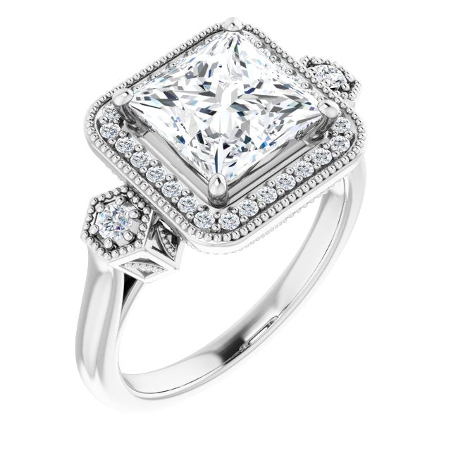Cubic Zirconia Engagement Ring- The Pacifica (Customizable Cathedral Princess/Square Cut Design with Halo and Delicate Milgrain)