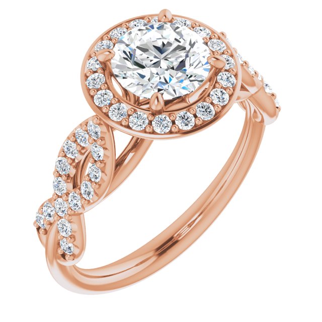 10K Rose Gold Customizable Cathedral-Halo Round Cut Design with Artisan Infinity-inspired Twisting Pavé Band