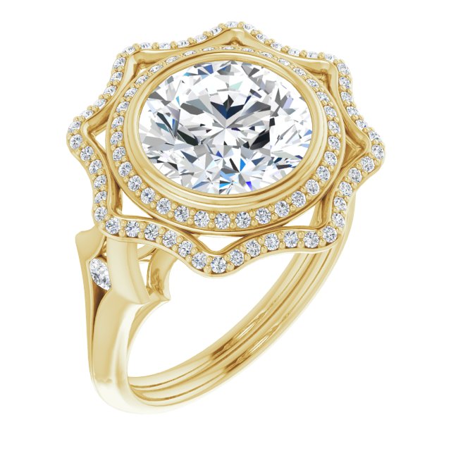 18K Yellow Gold Customizable Cathedral-bezel Round Cut Design with Floral Double Halo and Channel-Accented Split Band