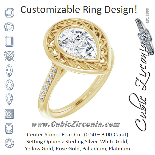 Cubic Zirconia Engagement Ring- The Hailey Belle (Customizable Cathedral-Bezel Pear Cut Design with Floral Filigree and Thin Shared Prong Band)
