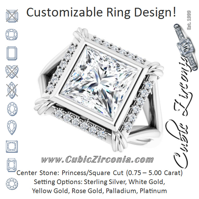 Cubic Zirconia Engagement Ring- The Leontine (Customizable Princess/Square Cut Design with Split Band and "Lion's Mane" Halo)