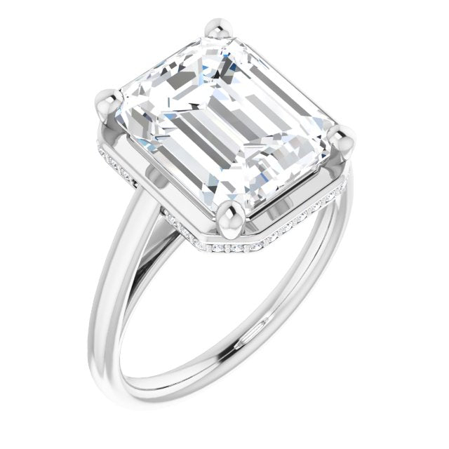 10K White Gold Customizable Super-Cathedral Emerald/Radiant Cut Design with Hidden-stone Under-halo Trellis
