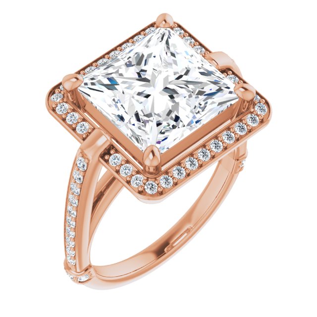 10K Rose Gold Customizable High-Cathedral Princess/Square Cut Design with Halo and Shared Prong Band