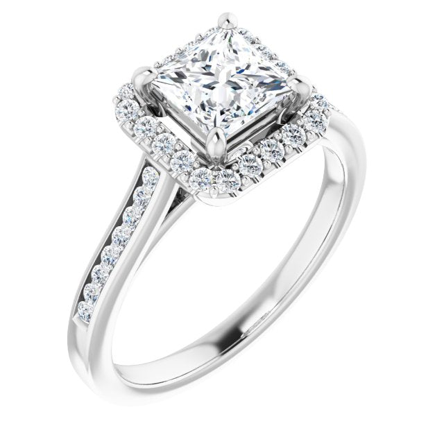10K White Gold Customizable Princess/Square Cut Design with Halo, Round Channel Band and Floating Peekaboo Accents