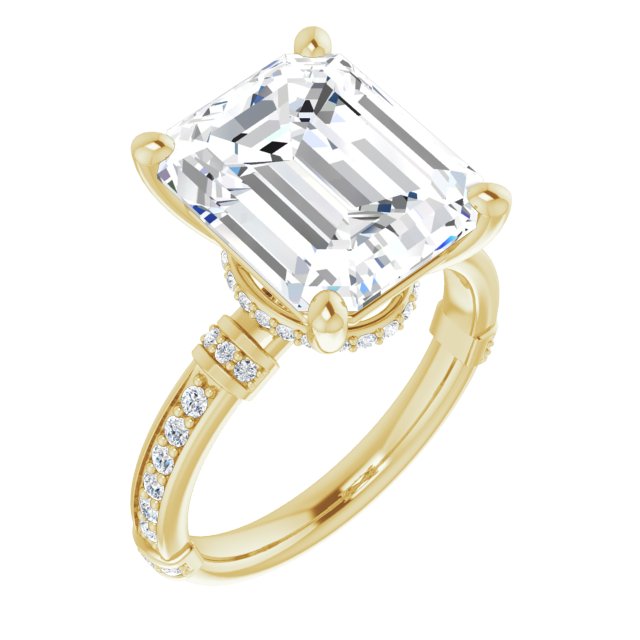 10K Yellow Gold Customizable Emerald/Radiant Cut Style featuring Under-Halo, Shared Prong and Quad Horizontal Band Accents