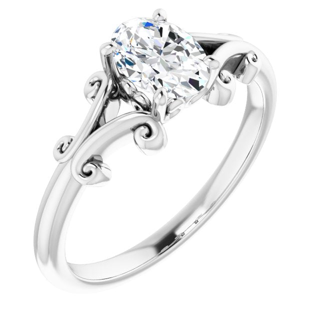 10K White Gold Customizable Oval Cut Solitaire with Band Flourish and Decorative Trellis