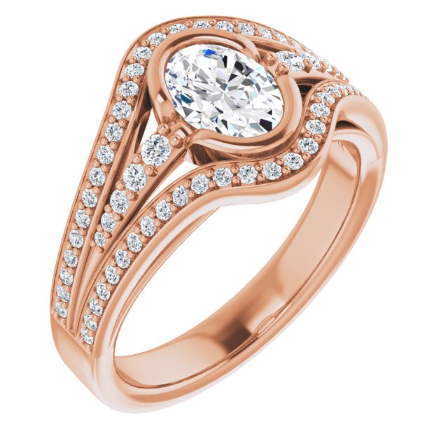 10K Rose Gold Customizable Cathedral-Bezel Oval Cut Design with Wide Triple-Split-Pavé Band