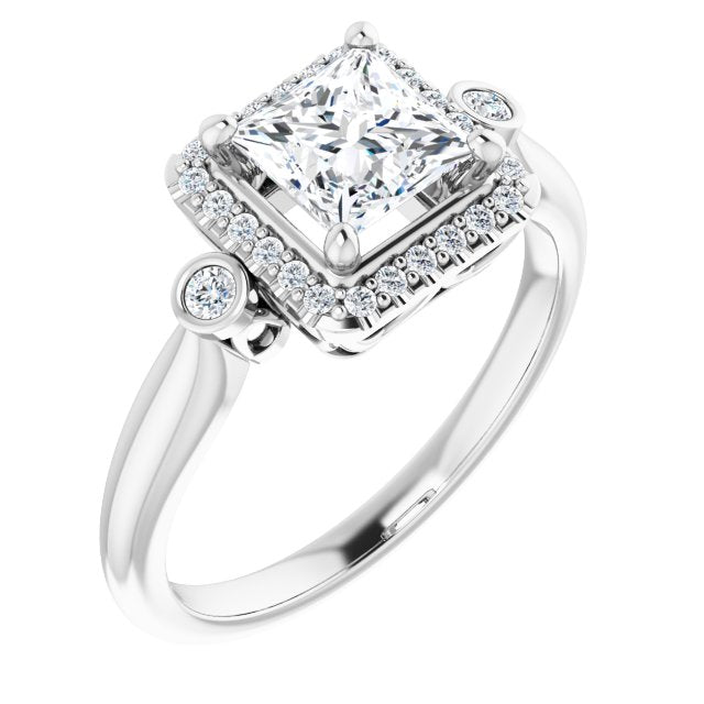 10K White Gold Customizable Princess/Square Cut Style with Halo and Twin Round Bezel Accents