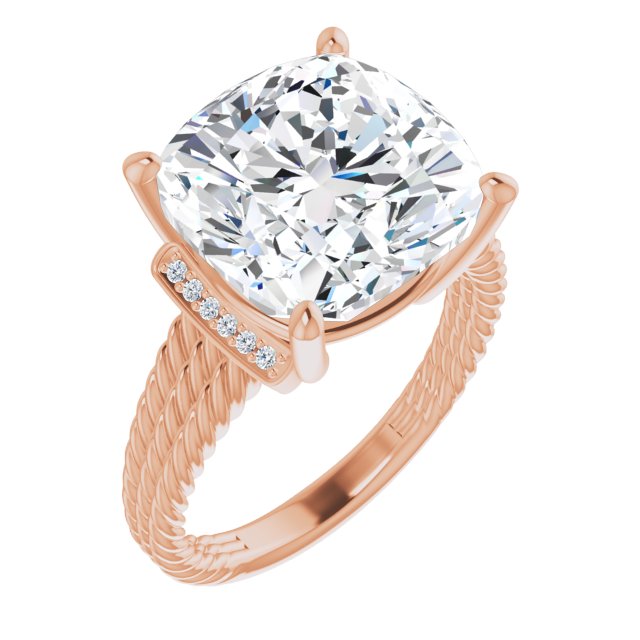 10K Rose Gold Customizable 11-stone Design featuring Cushion Cut Center, Vertical Round-Channel Accents & Wide Triple-Rope Band