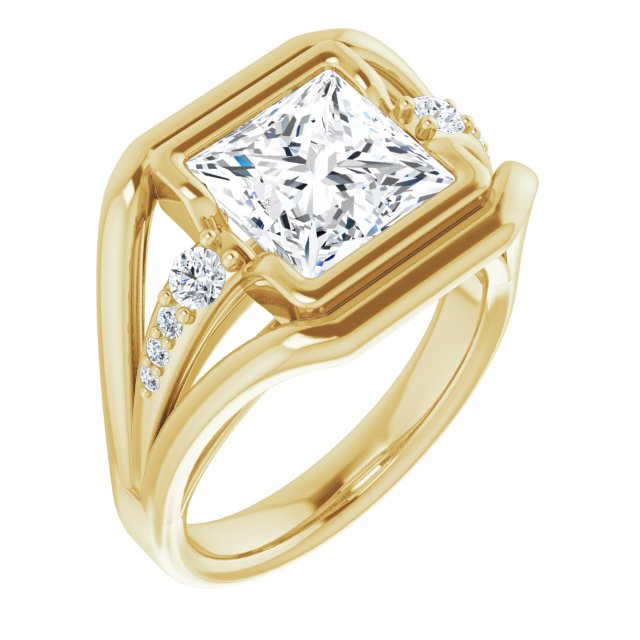 10K Yellow Gold Customizable 9-stone Princess/Square Cut Design with Bezel Center, Wide Band and Round Prong Side Stones