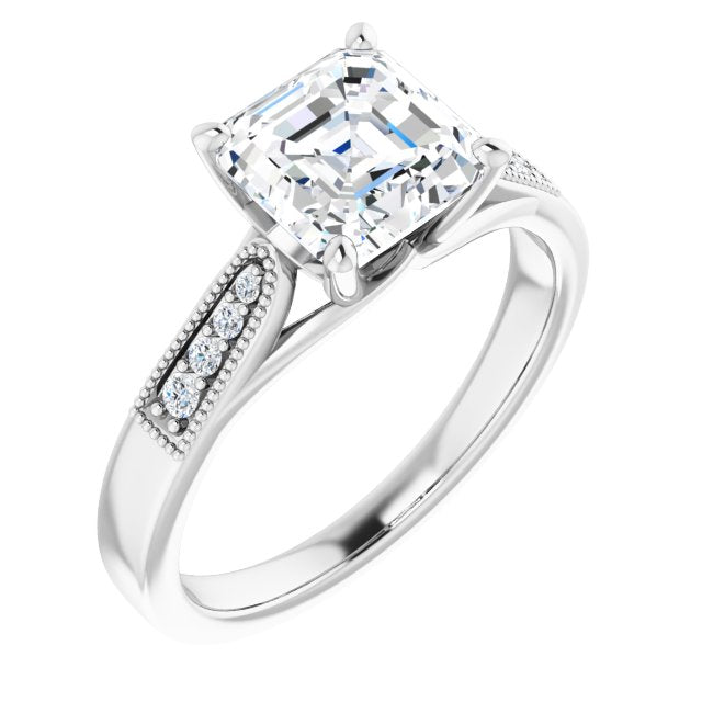 Cubic Zirconia Engagement Ring- The Ivana (Customizable 9-stone Vintage Design with Asscher Cut Center and Round Band Accents)